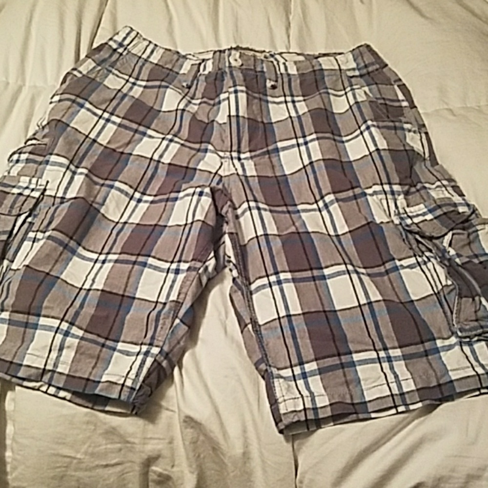 Blue and grey plaid cargo shorts